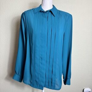 VTG Dana Alexander Size 6 Women's Top Blouse Teal Button Up Pleated Button Up